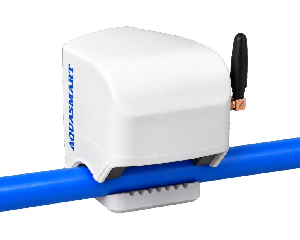AquaSmart Clip-On leak sensor clipped onto a blue water pipe
